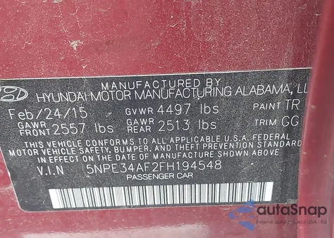 2015 Hyundai Sonata Sport из США, поврежденный, VIN 5NPE34AF2FH194548